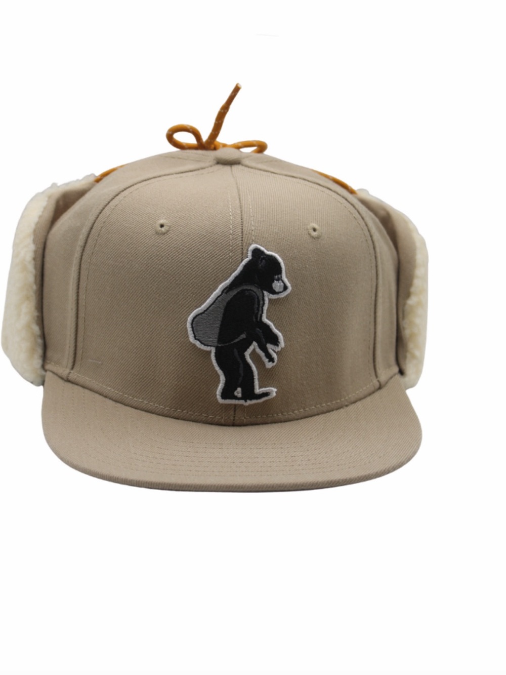 Tan Men's Earflap Snapback Hat with Bear Patch